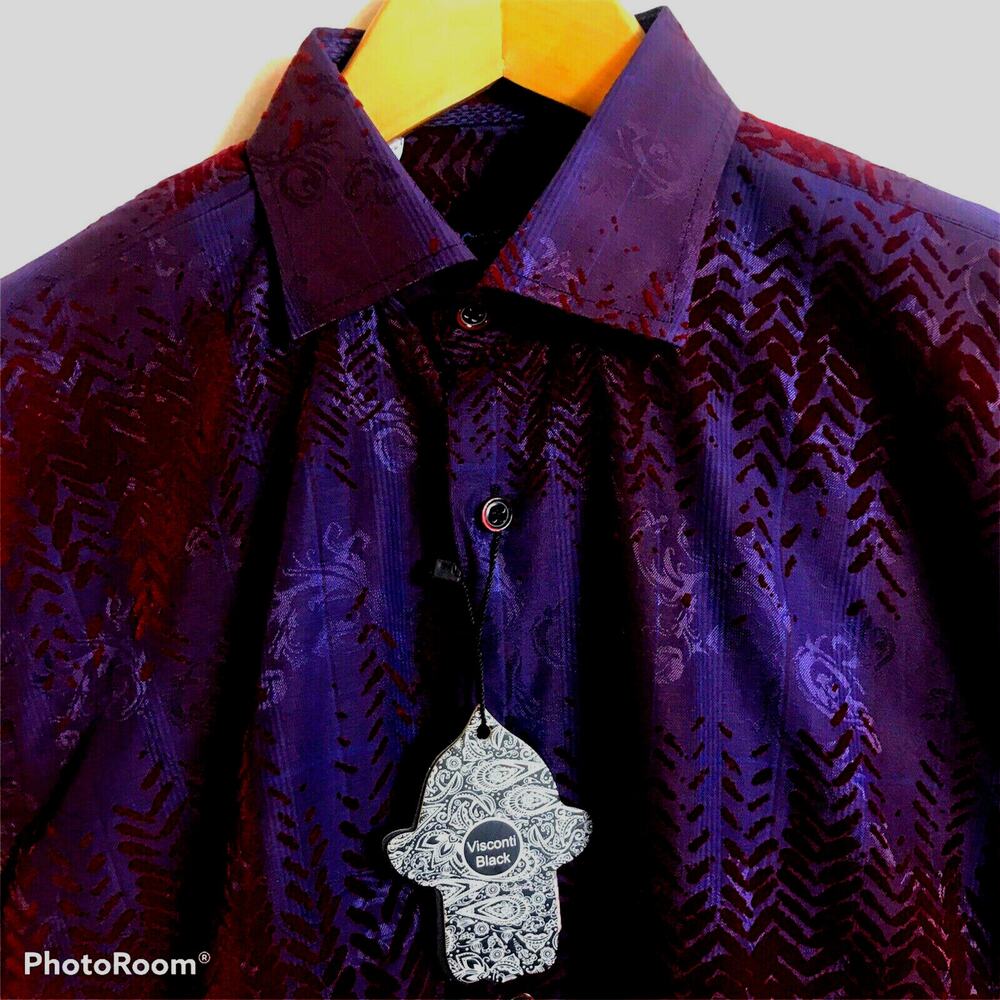 VISCONTI BLACK Mens Small Flocked Deep Red Chevron L/S Shirt #3986 $125